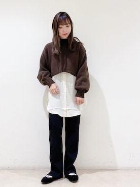 「earth music&ecology（アースミュージックアンドエコロジー）の選べるリブパンツ(サテン)　＊（その他パンツ）」を使った、やぎみさきさん（レディース・152cm）の冬コーディネート