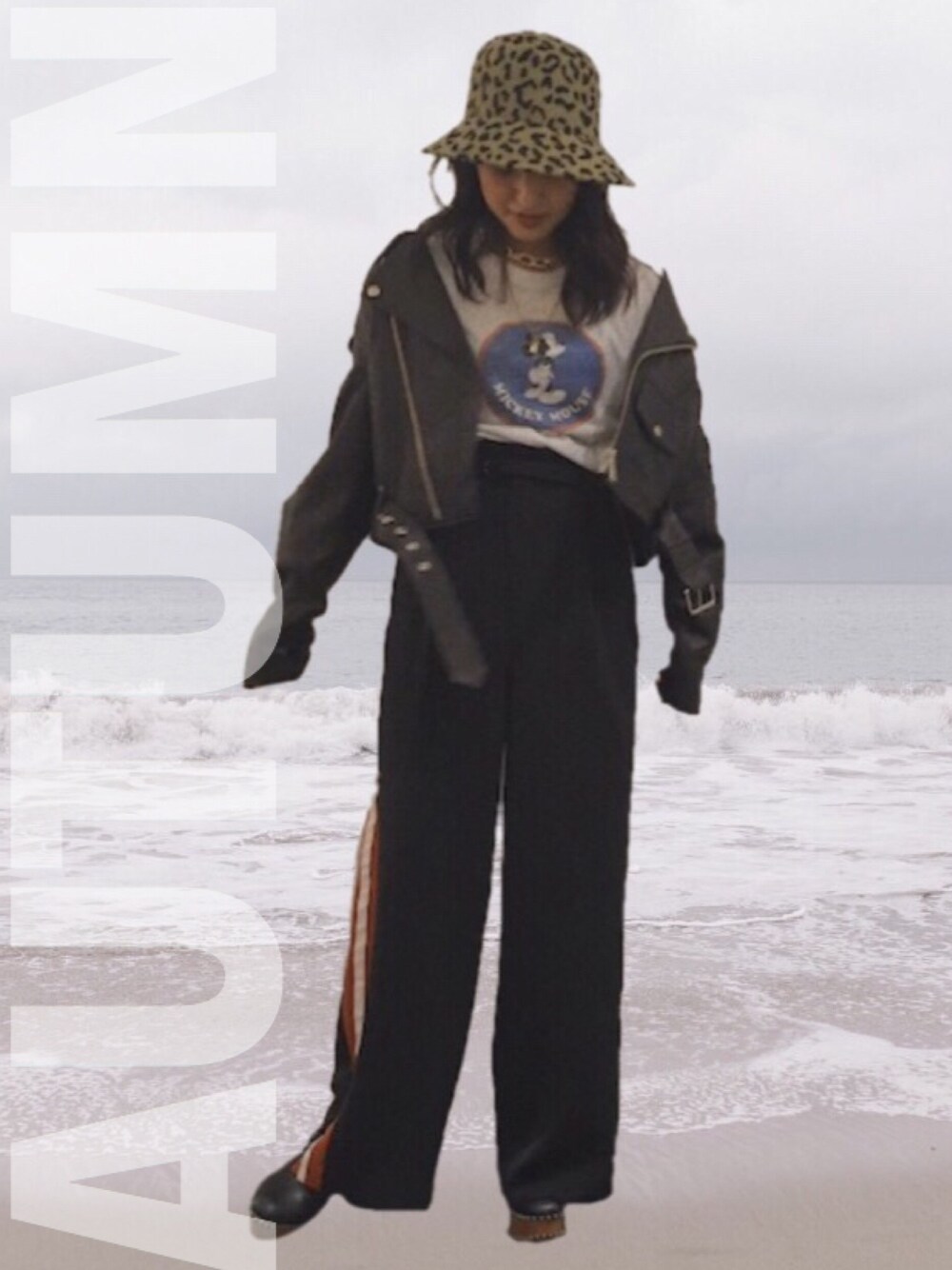 「パンツスタイル、ラインパンツ、ライダース、アキコーデ、秋コーデ、ワイドパンツ、moussy」｜「MOUSSYのLINE PANTS（その他パンツ、ブラック系）」を使った、ともしゃんさん（レディース・158cm）の夏コーディネートの1枚目の写真