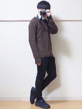 「MONO-MART（モノマート）のオーバーサイズアラン編みクルーネックケーブルニットセーター（ニット/セーター）」を使った、MASAKIさん（メンズ・168cm）の秋コーディネート