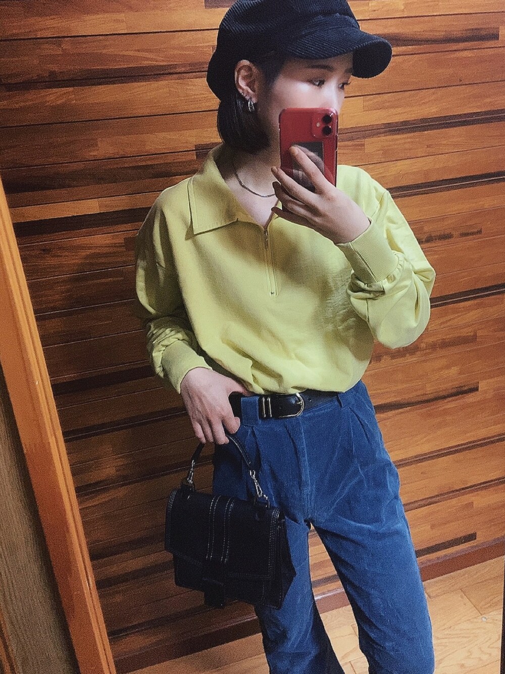 「秋コーデ、コーデュロイ、ootd」｜「Oriens JOURNAL STANDARDのハーフジッププルオーバー（Tシャツ/カットソー、イエロー系）」を使った、aynさん（レディース・160cm）の秋コーディネートの1枚目の写真