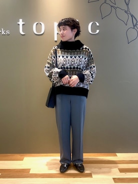 「Green　Parks（グリーンパークス）の・novem 9 ジャガードバックリボンニット＊（ニット/セーター、ブラック系）」を使った、たかやまゆいさん（レディース・153cm）の秋コーディネート
