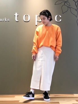 「Green　Parks（グリーンパークス）のクルーネック裏起毛プルオーバー＊（Tシャツ/カットソー、オレンジ系）」を使った、たかやまゆいさん（レディース・153cm）の冬コーディネート