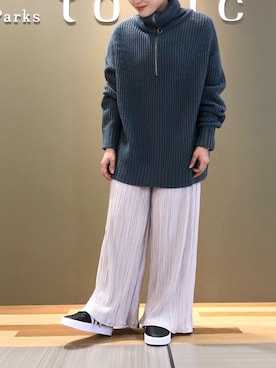 「Green　Parks（グリーンパークス）のジップアップニットプルオーバー＊（ニット/セーター、ブルー系）」を使った、たかやまゆいさん（レディース・153cm）の冬コーディネート