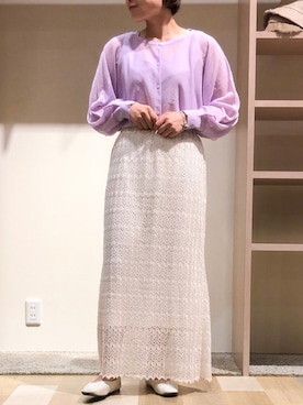 「Green　Parks（グリーンパークス）の・SUGARSPOON 2wayシアーニットプルオーバー（トップス、パープル系）」を使った、たかやまゆいさん（レディース・153cm）の春コーディネート