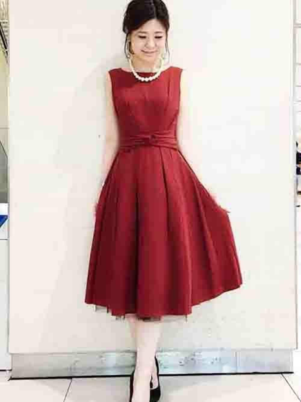 「ボルドー、パーティースタイル、フォーマル、結婚式、コットンパール、ドレス、二次会、ootd、キャサリンロス、KATHARINE ROSS」｜「KATHARINE ROSSの【KATHARINE ROSS】*結婚式・パーティー等のフォーマルシーンに* パニエスカート付フレアードレス（ドレス、レッド系）」を使った、KATHARINEROSS さん（レディース・154cm）の夏コーディネートの1枚目の写真