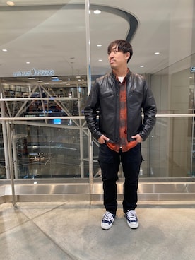 「冬」｜「アイテム（ライダースジャケット）」を使った、TAKEさん（メンズ・170cm）の秋コーディネート