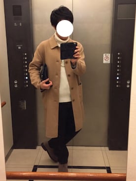 「黒パンツ」｜「アイテム（ステンカラーコート）」を使った、遊一さん（メンズ・176cm）の冬コーディネート