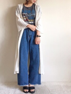 yumi.さんの「【飯窪春菜さん着用】裾フリンジデニムワイドパンツ」を使ったコーディネート