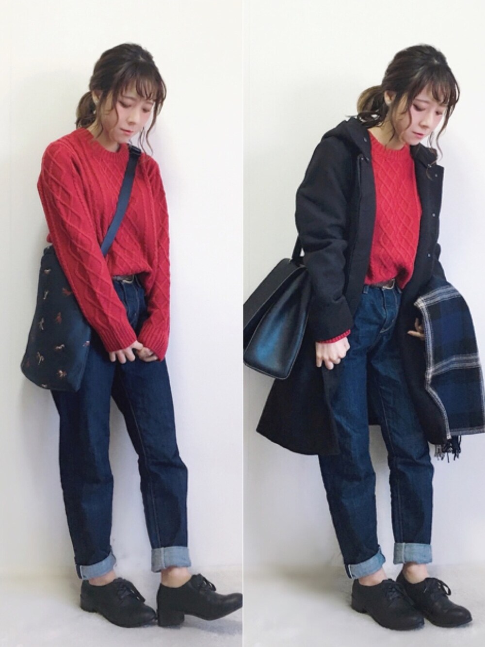 「シンプルコーデ、大人カジュアル、冬コーデ、アウター、赤ニット、ニット、オックスフォード、ショルダーバッグ、russet(russet)、デニム」｜「BACK NUMBERの【BACK NUMBER】ウール混ケーブルニットプルオーバー （ニット/セーター、レッド系）」を使った、yumi.さん（レディース・151cm）の冬コーディネートの1枚目の写真