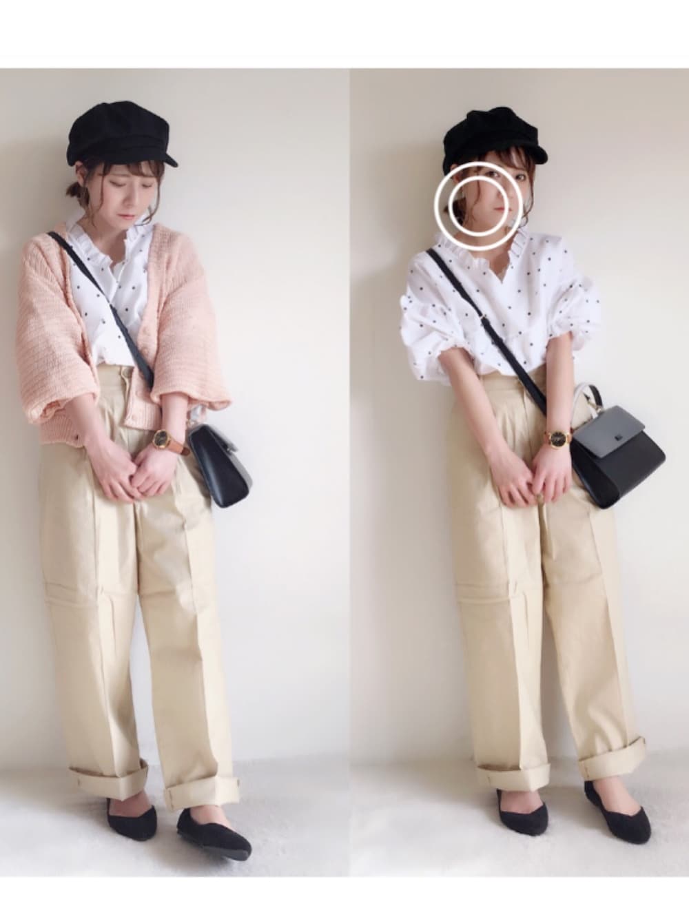 「休日スタイル、大人カジュアル、ドット、休日コーデ、パンプス、プチプラ、ブラウス、ピンク、カーディガン、春コーデ」｜「agnes b.のKS07-01 2Wayハンドバッグ（ハンドバッグ、ブラック系）」を使った、yumi.さん（レディース・151cm）の春コーディネートの1枚目の写真