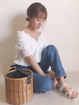 「GRL（グレイル）のバスケットカゴバッグ（かごバッグ）」を使った、yumi.さん（レディース・151cm）の夏コーディネート
