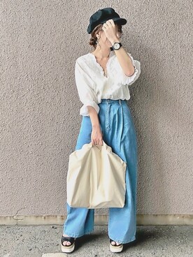 「スカラップ」｜「アイテム（アナログ腕時計）」を使った、yumi.さん（レディース・151cm）の夏コーディネート