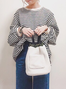 「minia（ミニア）のリバーシブル巾着バッグ（トートバッグ）」を使った、yumi.さん（レディース・151cm）の秋コーディネート