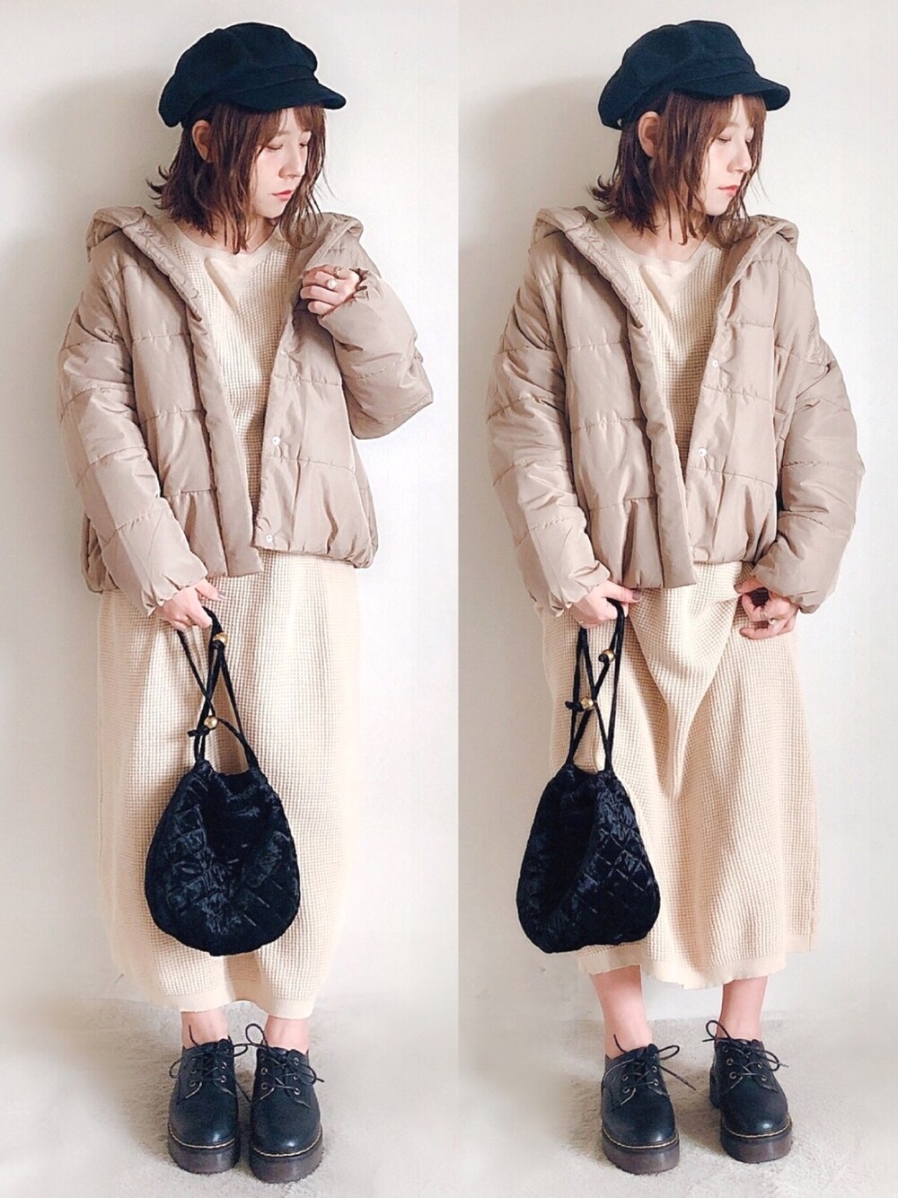 ベージュ系のブルゾン、ホワイト系のワンピース、ブラック系のローファーを着用したレディースの冬コーディネートの1枚目の写真