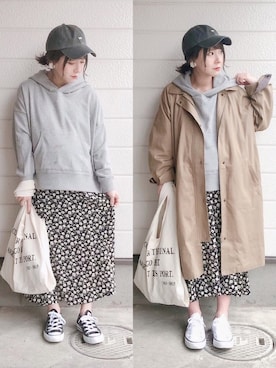 「KBF（ケイビーエフ）のアイテム（ステンカラーコート）」を使った、yumi.さん（レディース・151cm）の春コーディネート