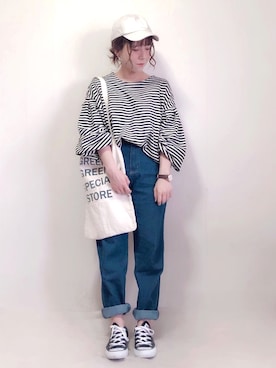 「袖ボリューム」｜「アイテム（キャップ）」を使った、yumi.さん（レディース・151cm）の春コーディネート