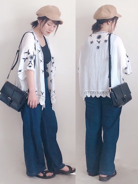 「刺繍」｜「アイテム（キャスケット）」を使った、yumi.さん（レディース・151cm）の春コーディネート
