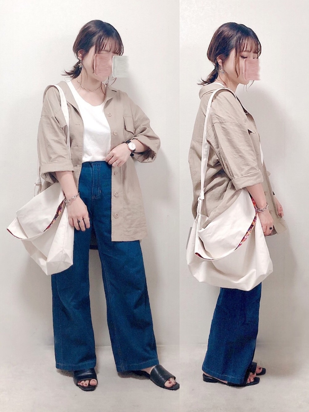 「大人カジュアル、秋のコーデ、秋服、カジュアル、休日スタイル、低身長コーデ、着回しコーデ、サンダル、ママコーデ」｜「rehacerのrehacer : Flower Zuda Bag Made in Japan（ショルダーバッグ、ホワイト系）」を使った、yumi.さん（レディース・151cm）の夏コーディネートの1枚目の写真