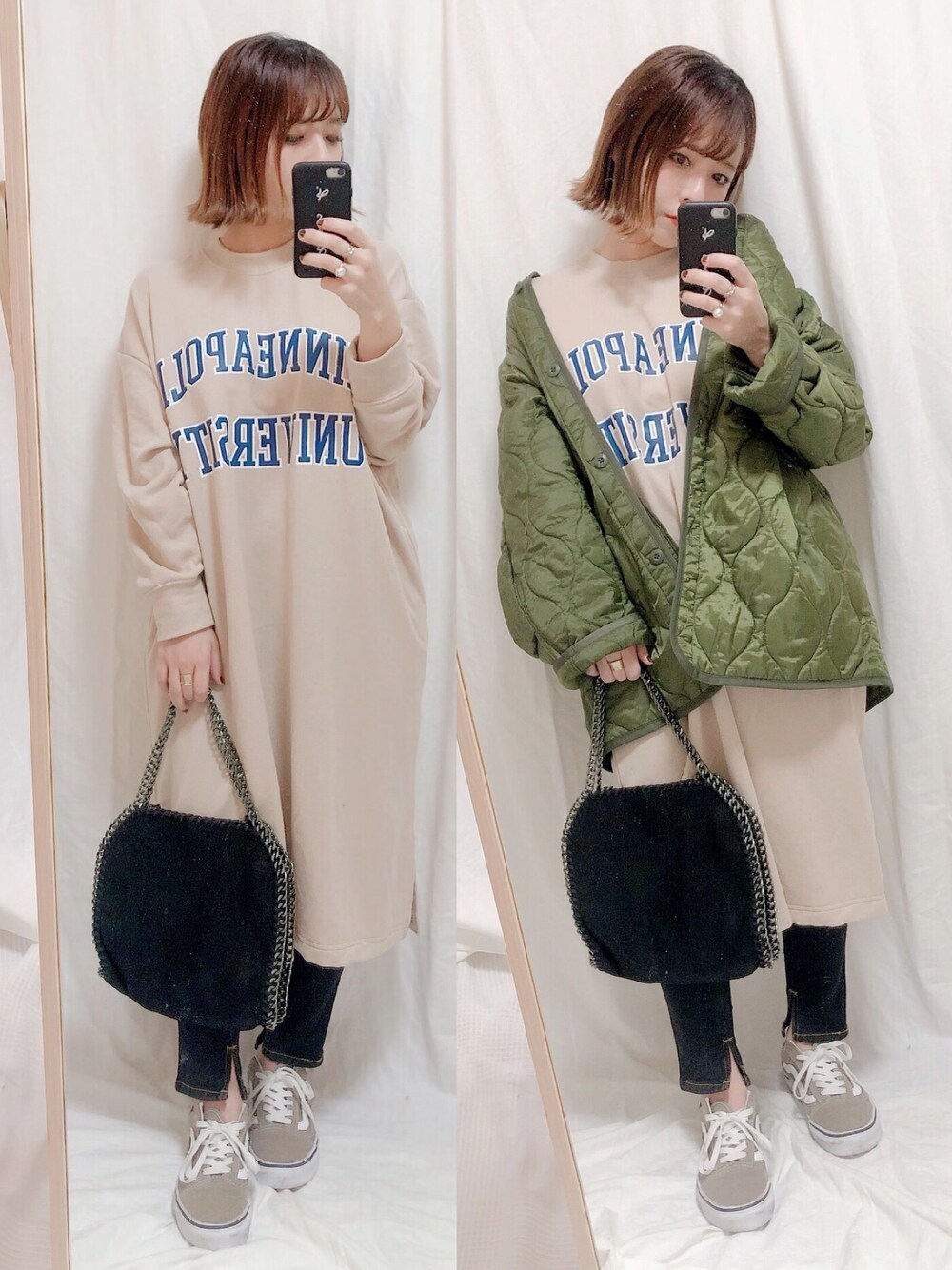 ベージュ系のワンピース、ブラック系のデニムパンツ、ブラック系のハンドバッグを着用したレディースの秋コーディネートの1枚目の写真