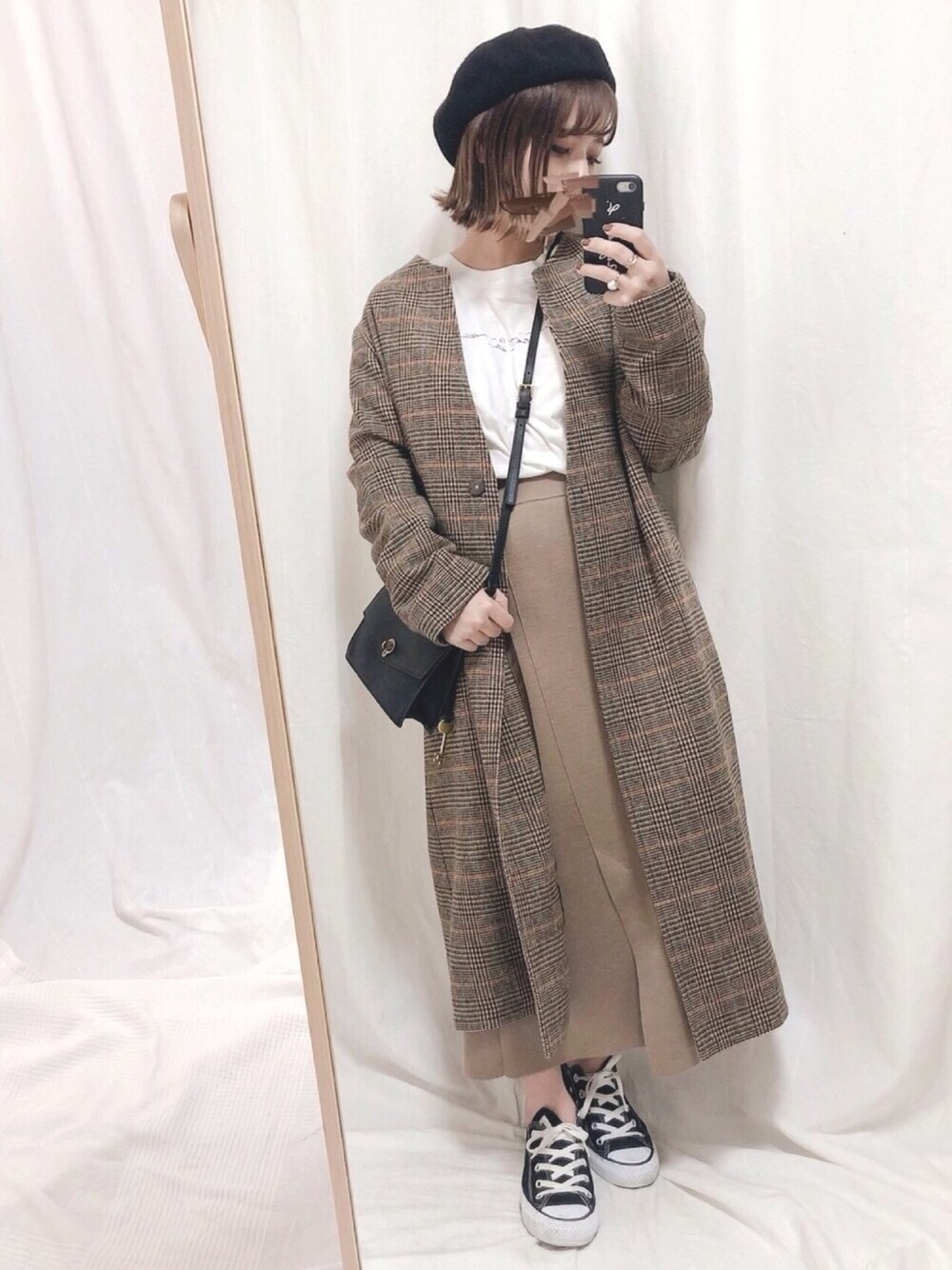 「大人カジュアル、今日のコーデ、プチプラコーデ、低身長、オトナ女子、秋コーデ、ブラウン、ママコーデ、ママファッション、チェック」｜「FOSSILのSTEVIE　SMALL CROSSBODY　ZB7827（ショルダーバッグ、ブラック系）」を使った、yumi.さん（レディース・151cm）の秋コーディネートの1枚目の写真