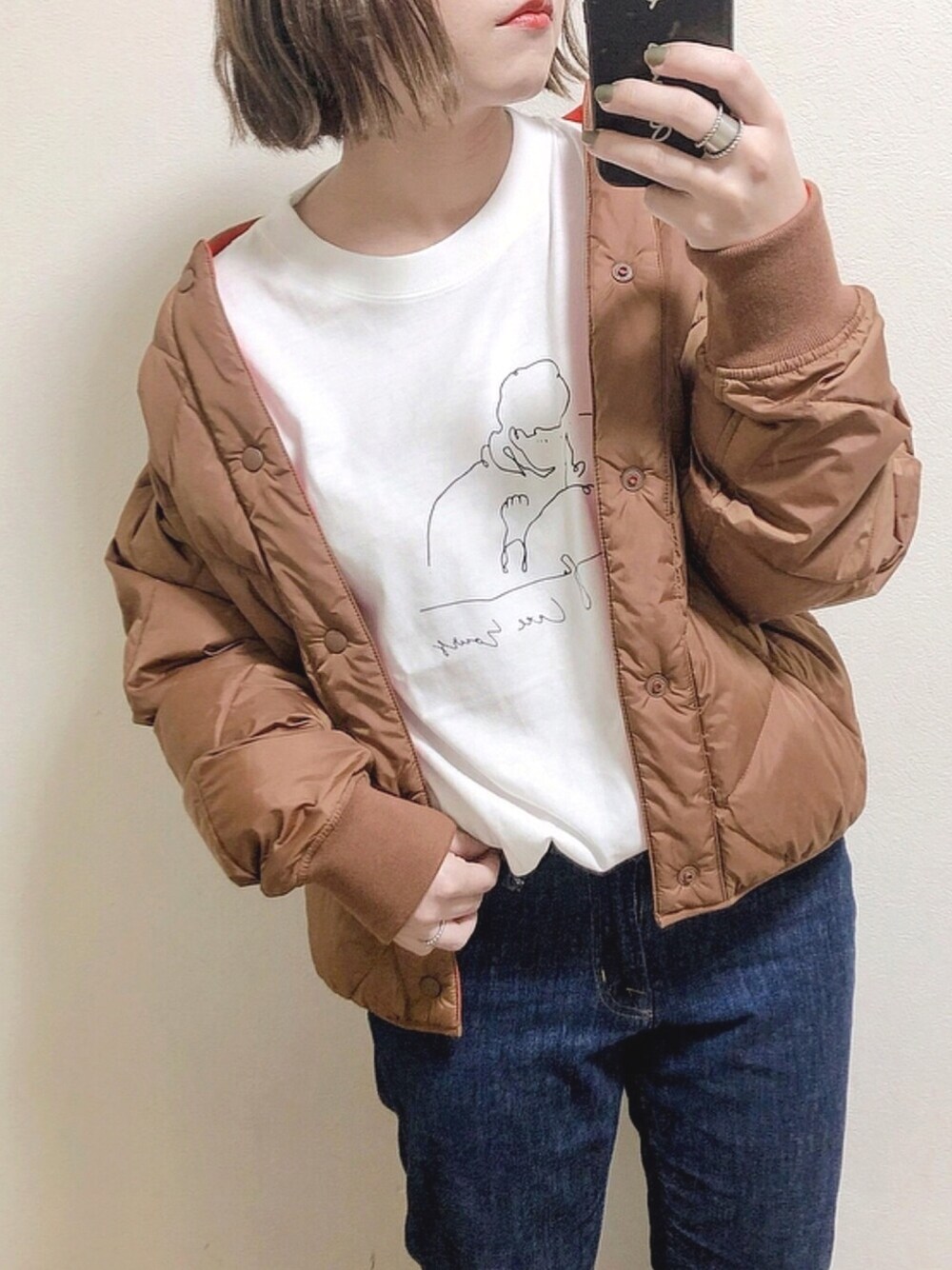 「UNIQLO、UNIQLO U、ユニクロ、ユニクロコーデ、カジュアルコーデ、年末WEAR感謝祭、冬、ベージュコーデ、キルティング、ママコーデ」｜「UNIQLOのウォームパデットリバーシブルブルゾン（ブルゾン、ブラウン系）」を使った、yumi.さん（レディース・151cm）の冬コーディネートの1枚目の写真