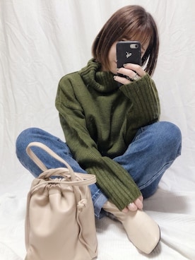 「GRL（グレイル）の2way巾着ショルダーバッグ（ショルダーバッグ）」を使った、yumi.さん（レディース・151cm）の冬コーディネート