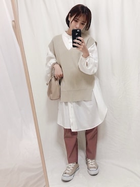 「GRL（グレイル）の2way巾着ショルダーバッグ（ショルダーバッグ）」を使った、yumi.さん（レディース・151cm）の春コーディネート