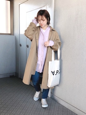 「KBF（ケイビーエフ）のアイテム（ステンカラーコート）」を使った、yumi.さん（レディース・151cm）の春コーディネート