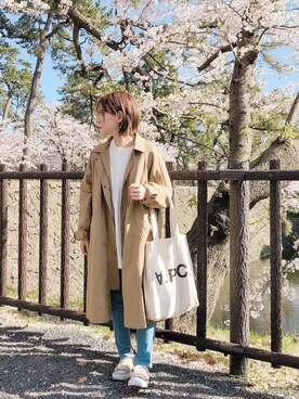 「KBF（ケイビーエフ）のアイテム（ステンカラーコート）」を使った、yumi.さん（レディース・151cm）の春コーディネート