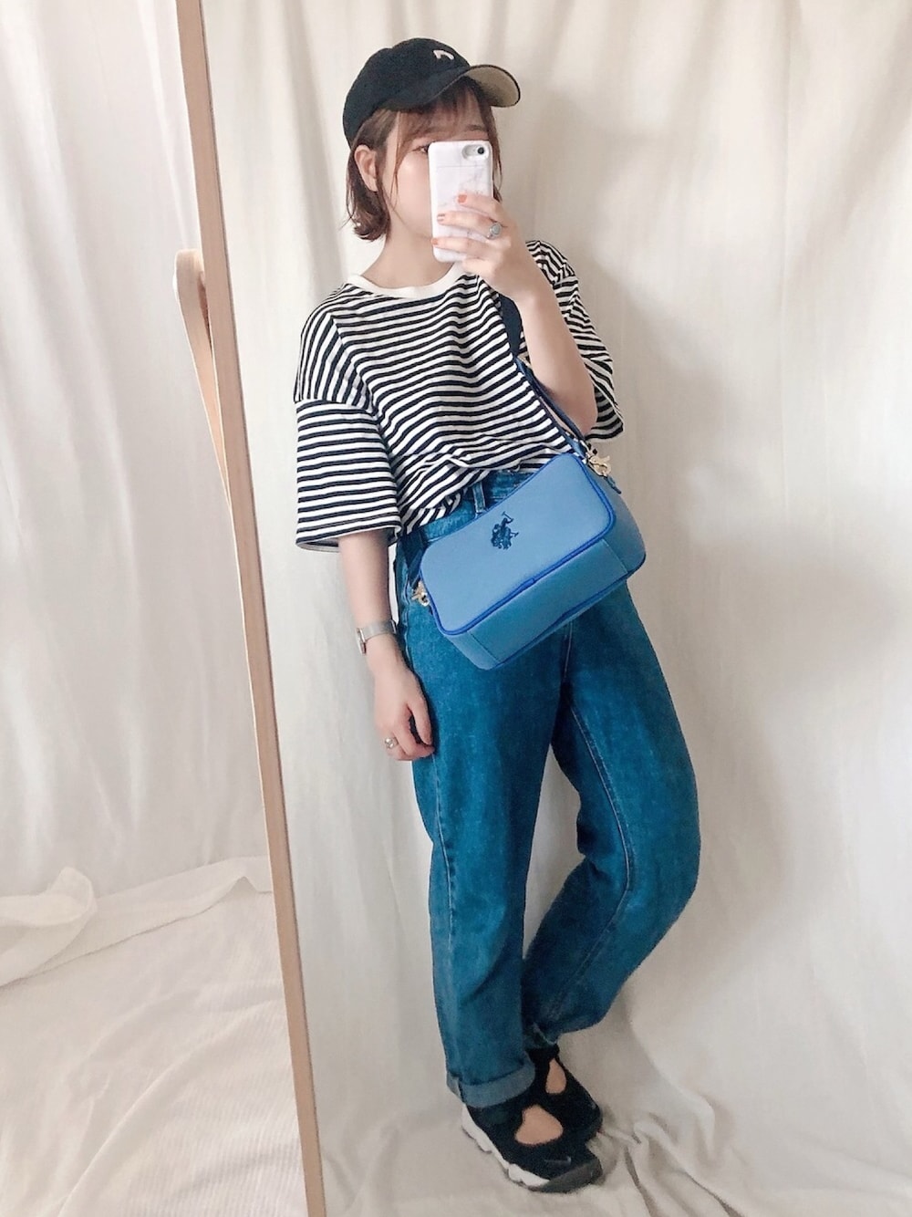「シンプルコーデ、夏、ラクチンコーデ、ゆるコーデ、ボーダー」｜「tiptopの2020SS　綿100％BIG半袖Tシャツ（Tシャツ/カットソー、その他）」を使った、yumi.さん（レディース・151cm）の夏コーディネートの1枚目の写真