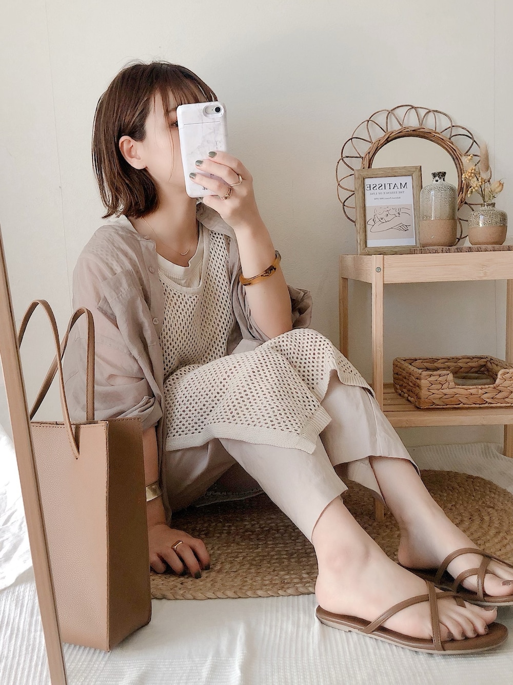 「シンプルコーデ、大人カジュアル、メッシュ、メッシュワンピ、大人コーデ、ラフ、シャツワンピ、低身長コーデ、ママファッション、淡色コーデ」｜「CIAOPANIC TYPYの透かし編みメッシュニットノースリチュニック（Tシャツ/カットソー、ホワイト系）」を使った、yumi.さん（レディース・151cm）の夏コーディネートの1枚目の写真