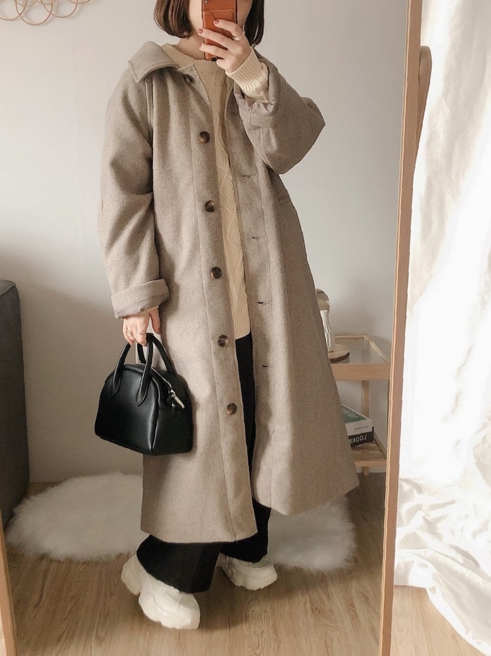 「オトナ女子、ゆるコーデ、マイベストコーデ2020、GRL、グレイル」｜「Meli richのバックスリットロングステンカラーコート（ステンカラーコート、ブラウン系）」を使った、yumi.さん（レディース・151cm）の冬コーディネートの1枚目の写真