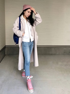 「アイテム（チェスターコート、ホワイト系）」を使った、Clinさん（レディース・169cm）の冬コーディネート