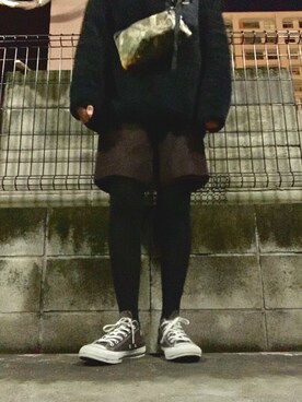 「UNIQLO（ユニクロ）のフリースプルオーバー（長袖）（Tシャツ/カットソー、ブラック系）」を使った、bnmkさん（レディース・165cm）の冬コーディネート