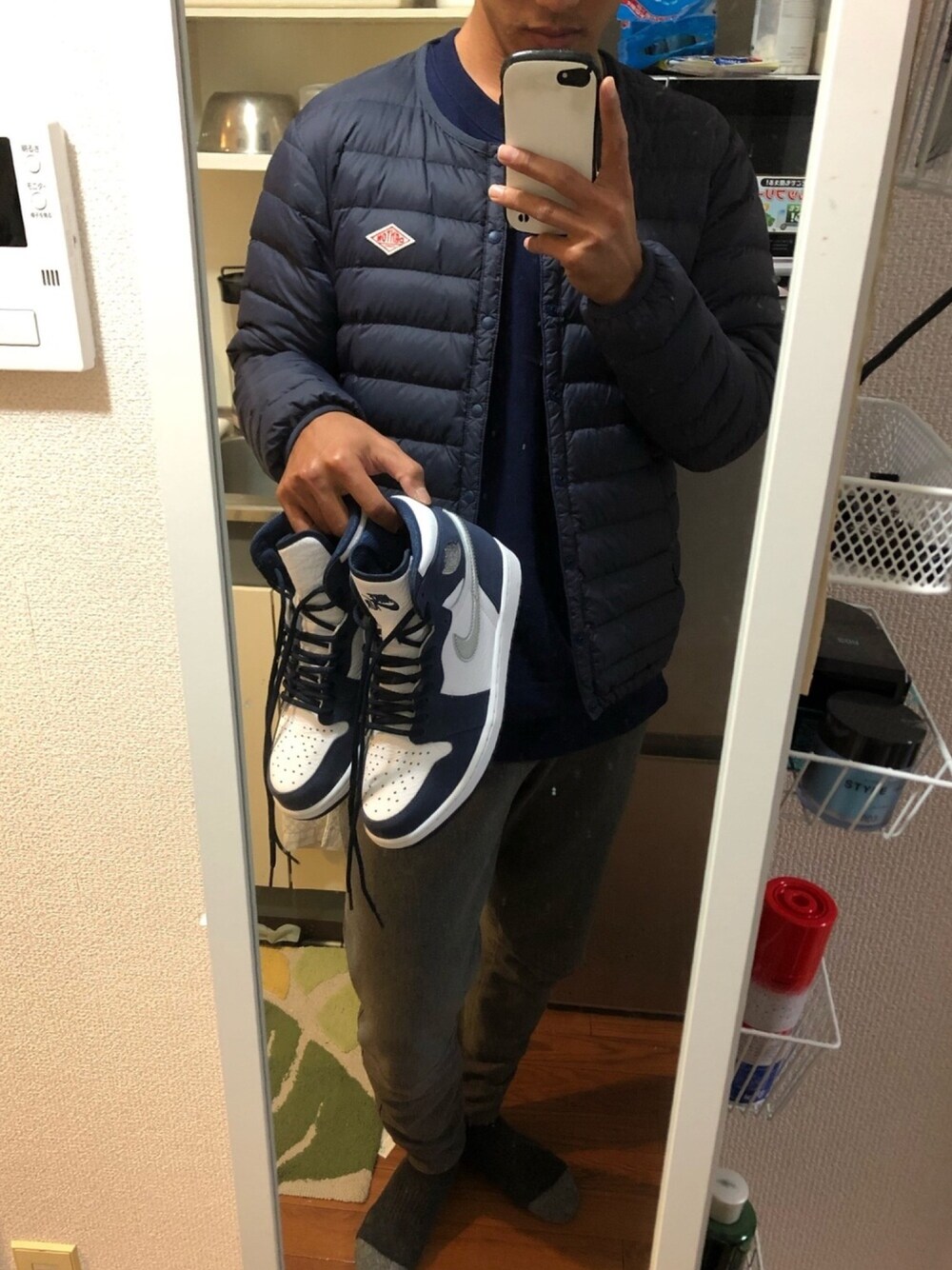 「ナイキ、ナイキスニーカー、ジョーダン1、jordan1、Jordan、ジョーダン、ダントン」｜「DANTONのDANTON / ダントン インナーダウンジャケット  INNER DOWN JACKET（ダウンジャケット/コート、ブルー系）」を使った、Ku-rinさん（メンズ・172cm）の秋コーディネートの1枚目の写真