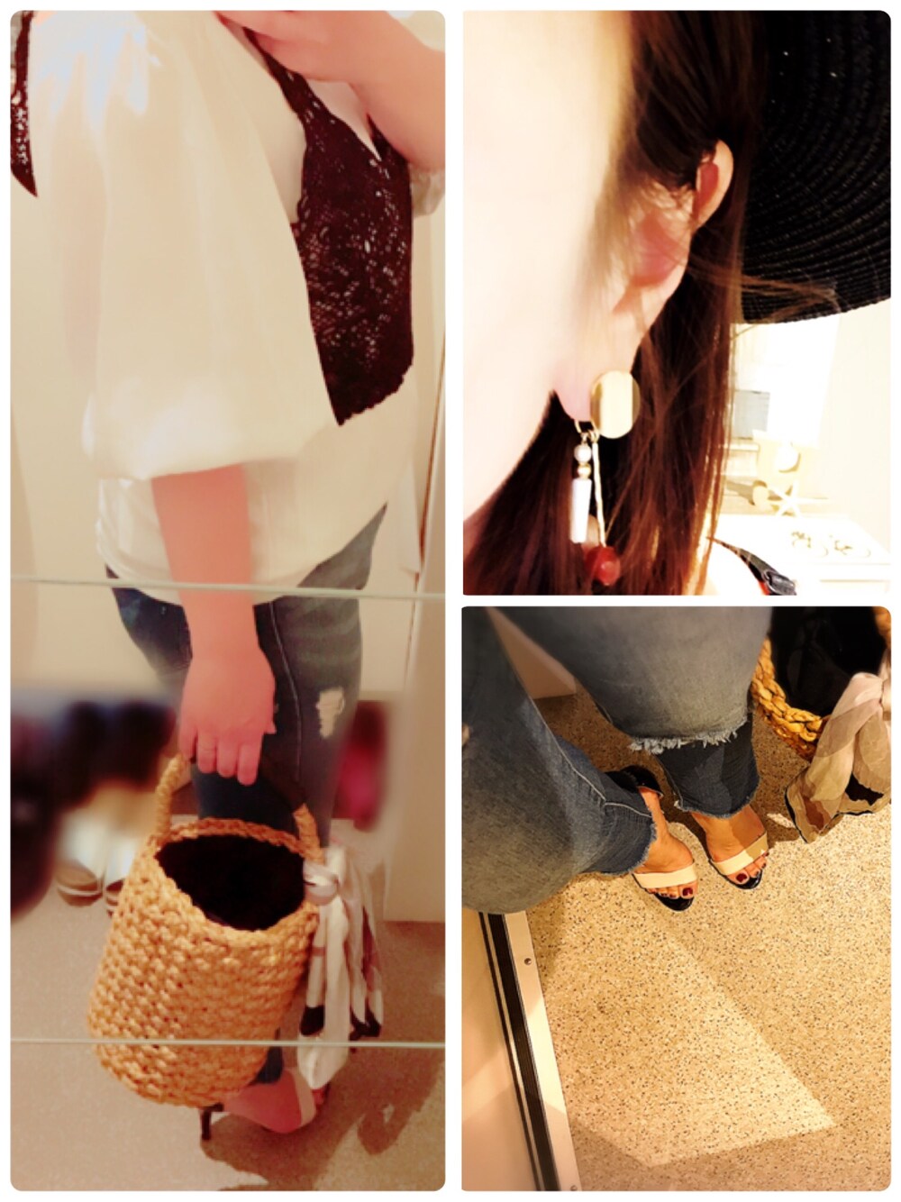 ベージュ系のかごバッグ、ブルー系のデニムパンツ、ブラック系のキャミソールを着用したレディースの春コーディネートの1枚目の写真