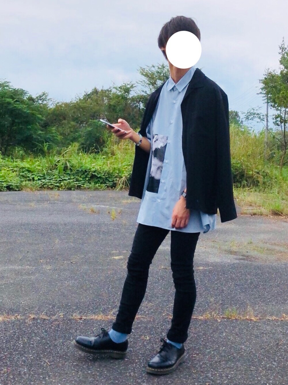 「黒スキニー、きれいめカジュアル、フォローミー、相互フォロー、HARE、GU、ビッグシルエット、プチプラ、Dr.Martens、バンド」｜「Dr. MartensのDr.Martens （ドクターマーチン） / 3ホールブーツ 1461Z 3EYE GIBSON SHOE 11838002（ブーツ、ブラック系）」を使った、きのぴーさん（メンズ・171cm）の秋コーディネートの1枚目の写真