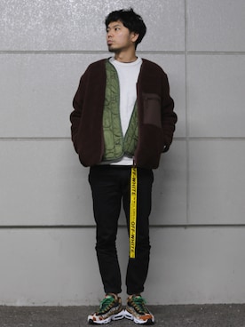 「オフホワイト」｜「アイテム（ノーカラージャケット）」を使った、heyheyさん（メンズ・182cm）の冬コーディネート