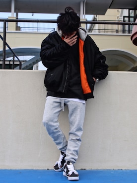 「no brand（ノーブランド）のアイテム（MA-1）」を使った、heyheyさん（メンズ・182cm）の冬コーディネート