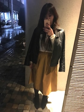 「リブタートルネック」｜「アイテム（ライダースジャケット）」を使った、り☆ささん（レディース・156cm）の冬コーディネート