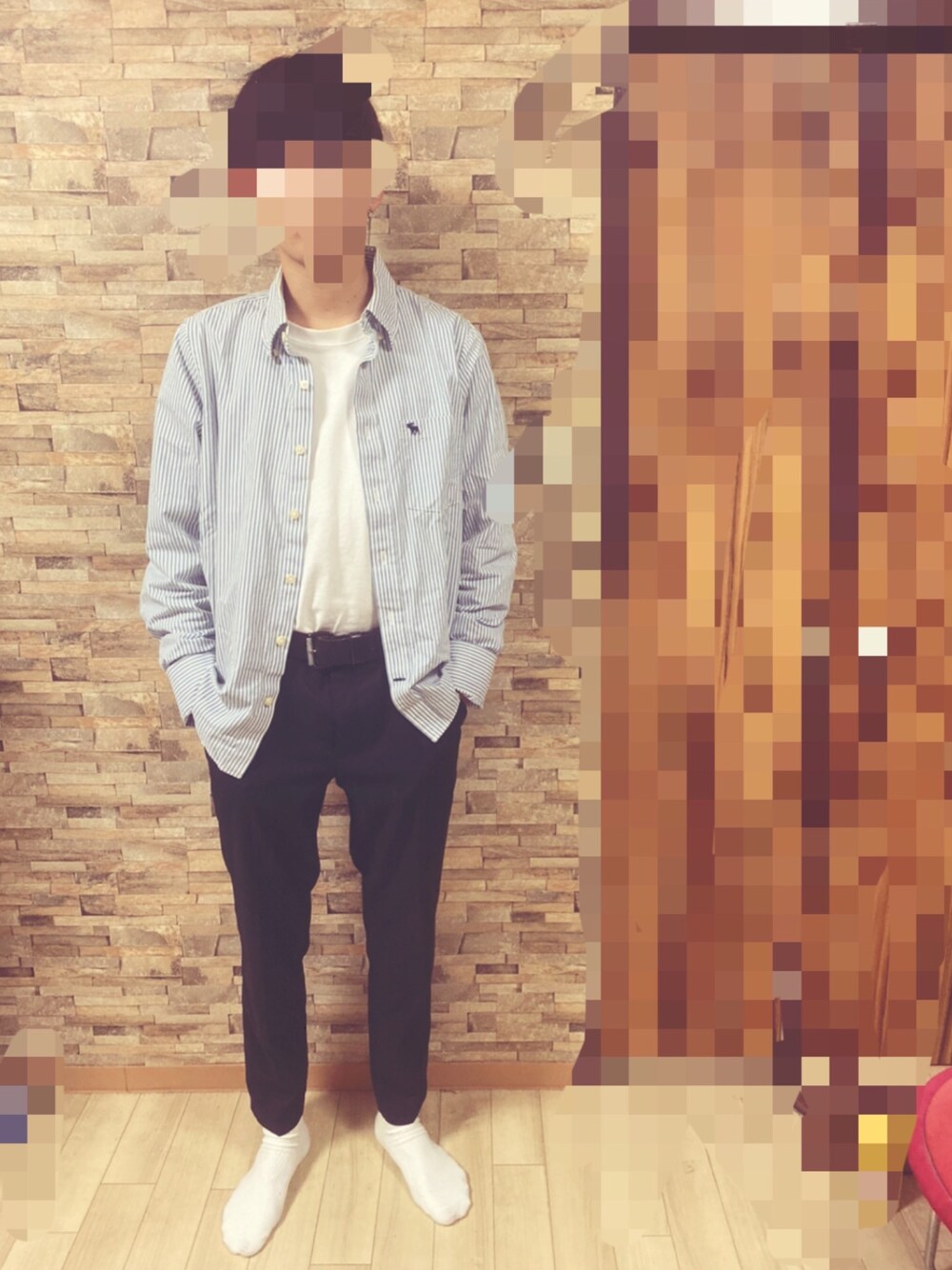 「春コーデ、お洒落さんとつながりたい、シンプルコーデ、GU、古着MIX、シャツスタイル」｜「Abercrombie&Fitchのアイテム（シャツ/ブラウス、その他）」を使った、服好きな高校生🦀さん（メンズ・178cm）の春コーディネートの1枚目の写真