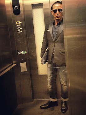 「DIESEL（ディーゼル）のアイテム（テーラードジャケット、ブラック系）」を使った、Akinori Takashioさん（メンズ・174cm）の夏コーディネート
