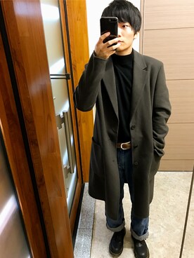 「UNIQLO（ユニクロ）のアイテム（チェスターコート、グレー系）」を使った、kurioさん（メンズ・168cm）の冬コーディネート