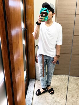 「８(eight)（エイト）のアイテム（Tシャツ/カットソー、ホワイト系）」を使った、kurioさん（メンズ・168cm）の春コーディネート
