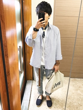 「GU（ジーユー）のアイテム（シャツ/ブラウス、ホワイト系）」を使った、kurioさん（メンズ・168cm）の夏コーディネート