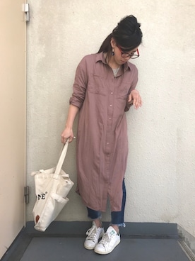 「くすみピンク」｜「アイテム（シャツワンピース）」を使った、＊:)ayaさん（レディース・160cm）の春コーディネート