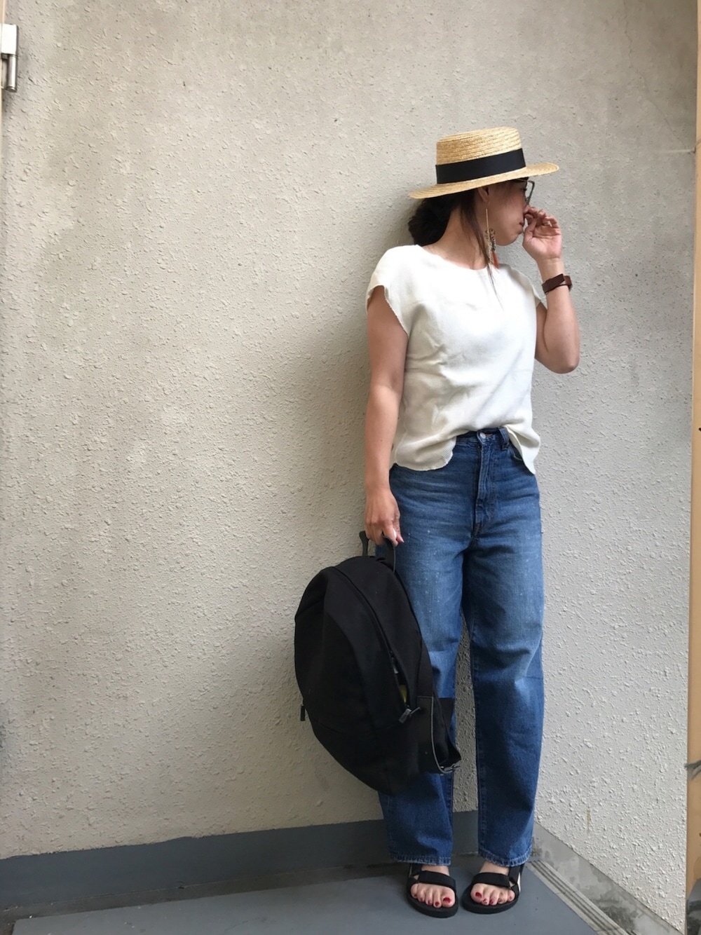 「ドラフト半目、カンカン帽、Tシャツ、ワイドパンツ、リュック、スポーツサンダル、カジュアルコーデ、teva、夏、名前昭和部」｜「PUNYUSのカンカン帽（ハット、ベージュ系）」を使った、＊:)ayaさん（レディース・160cm）の夏コーディネートの1枚目の写真