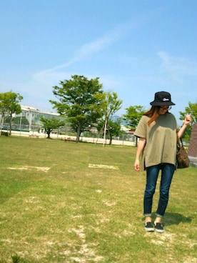 「earth music&ecology（アースミュージックアンドエコロジー）のアイテム（T Shirts、グリーン系）」を使った、Sooooさん（キッズ・100cm）の夏コーディネート