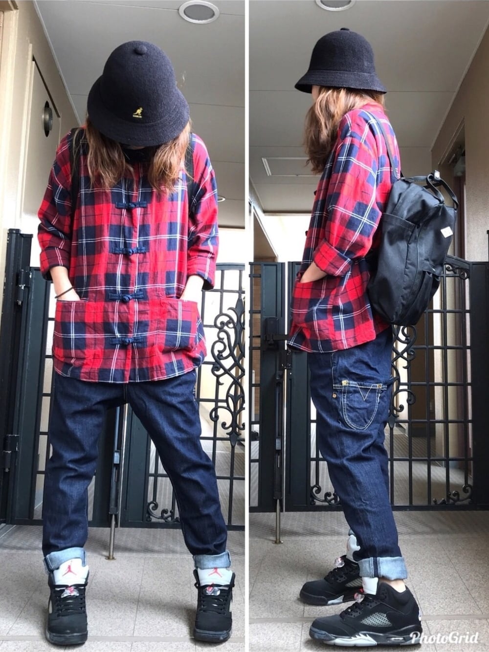 ブラック系のスニーカー、ブルー系のデニムパンツ、レッド系のシャツ/ブラウスを着用したレディースの秋コーディネートの1枚目の写真