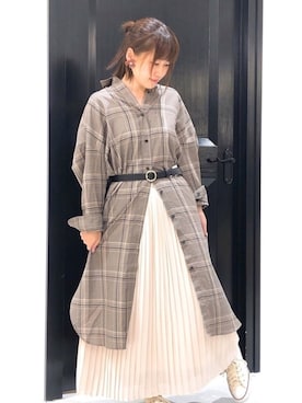 「チェックシャツワンピース」｜「アイテム（シャツワンピース）」を使った、miiiyuiさん（レディース・151cm）の秋コーディネート
